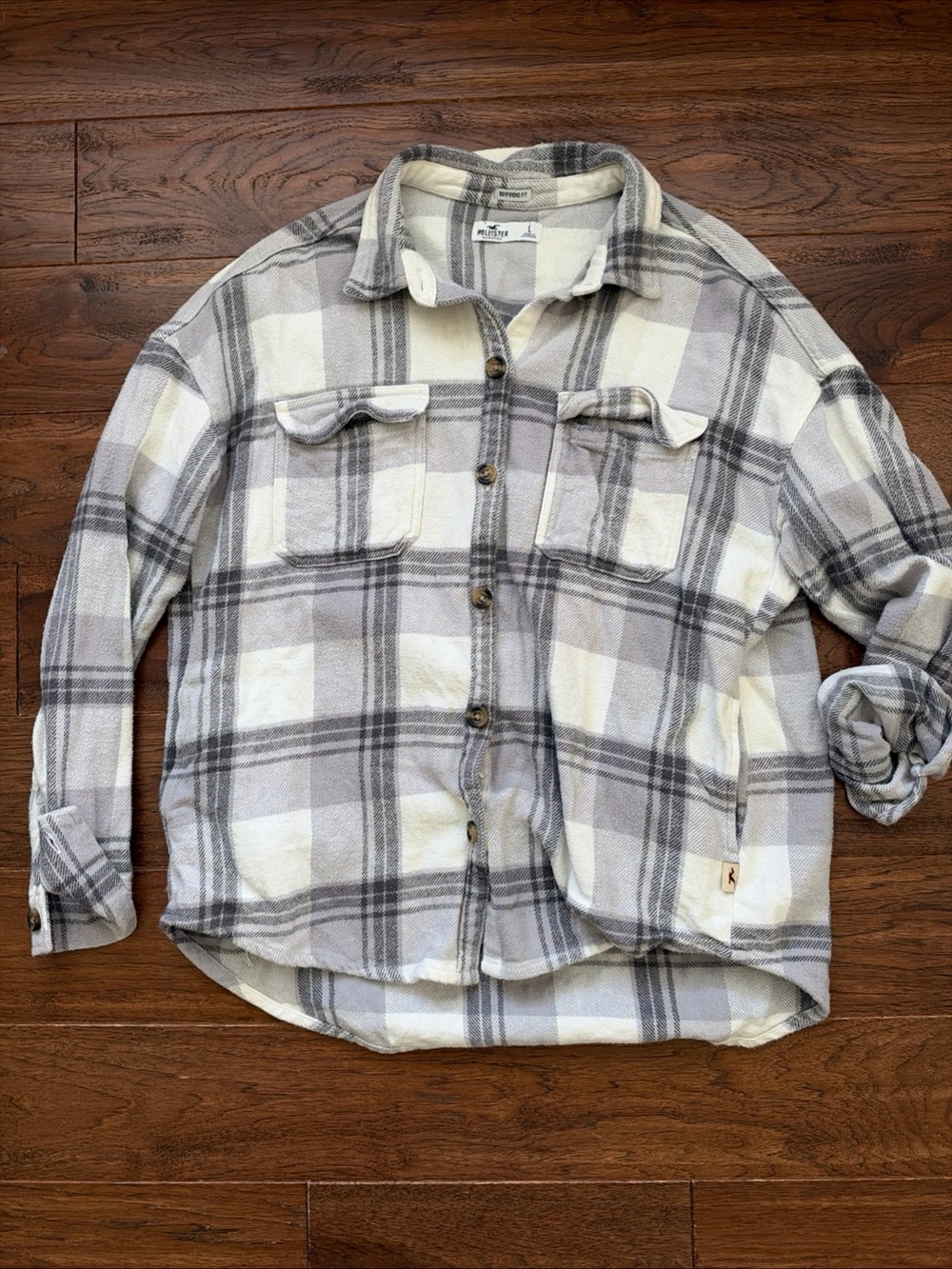 HOLLISTER Flannel Shirt Women Large Gray White Boyfriend Fit Plaid Pockets